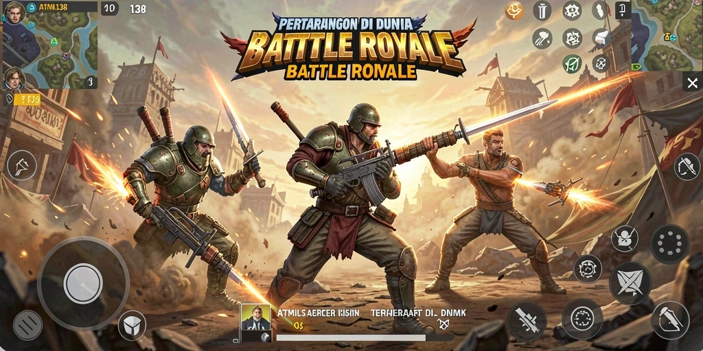 Screenshot utama gameplay ATM138 menampilkan aksi Battle Royale yang intens.