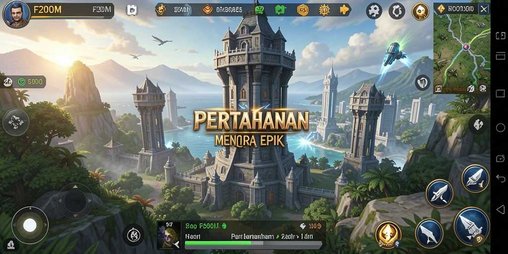 Screenshot F200M menunjukkan pertempuran Tower Defense yang intens dan strategis.