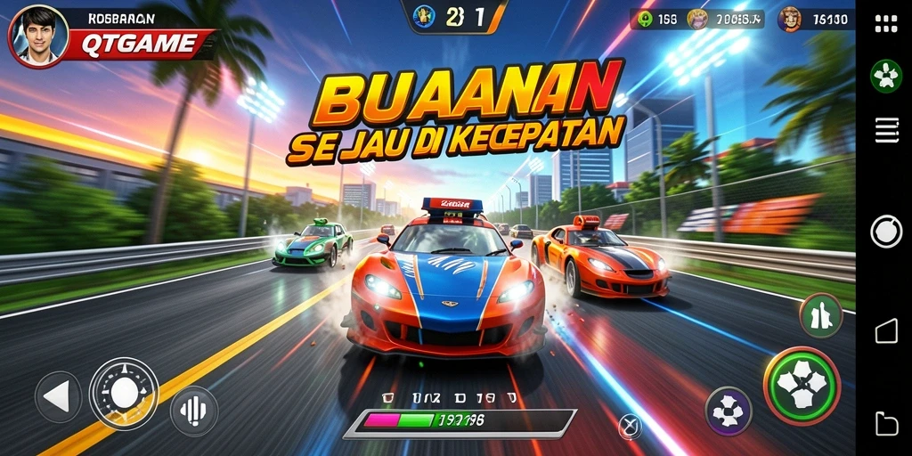 Tampilan gameplay seru QTGAME dengan mobil balap di lintasan.