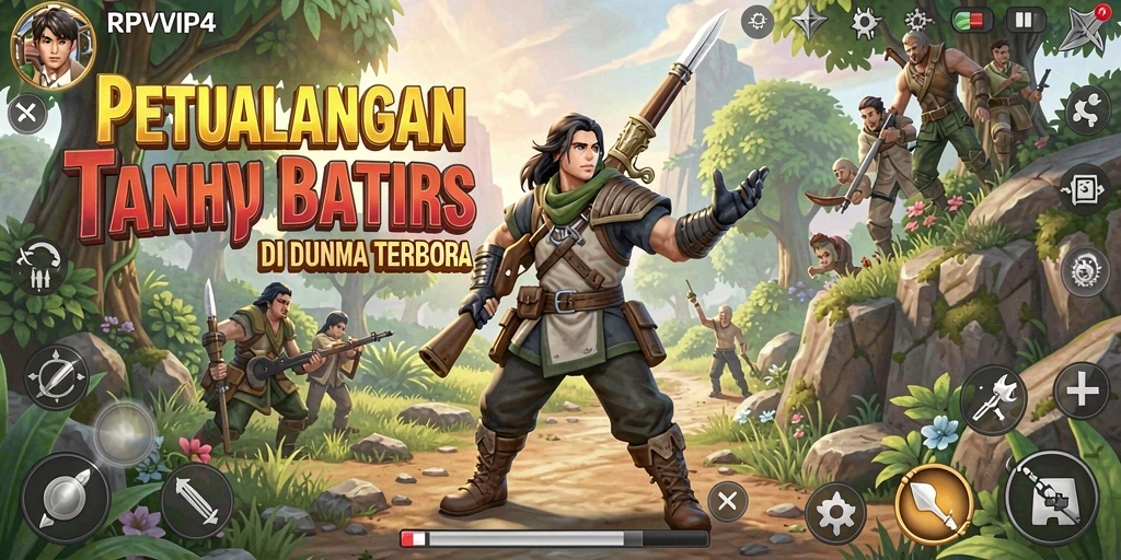Screenshot utama RPVIP4 menampilkan petualangan penuh warna di dunia terbuka.