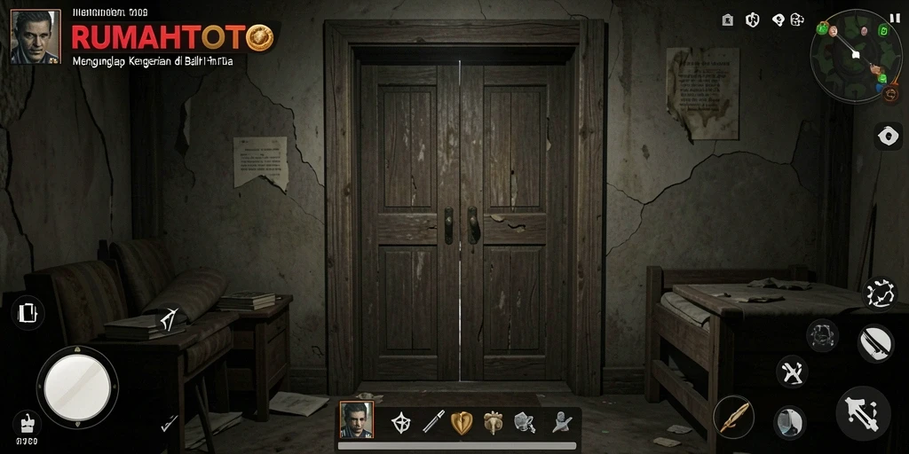 Tangkapan layar RUMAHTOTO menampilkan suasana gameplay yang mencekam dan misterius.