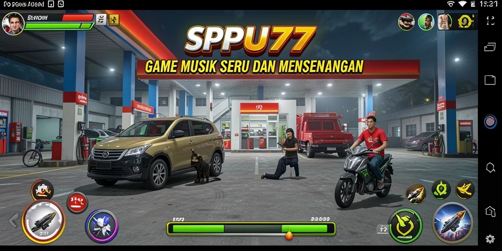 Tampilan screenshot SPBU77 menunjukkan gameplay musik yang seru.