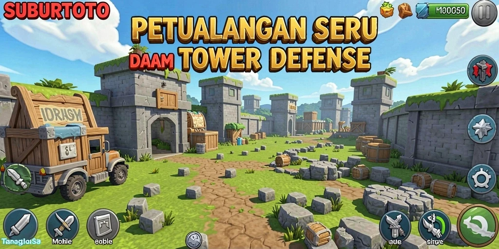 Tangkapan layar gameplay SUBURTOTO menunjukkan aksi menara melawan musuh.