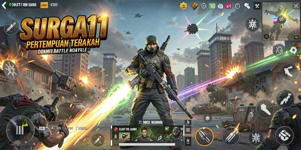 Gameplay seru dan mendebarkan dalam SURGA11 Battle Royale.